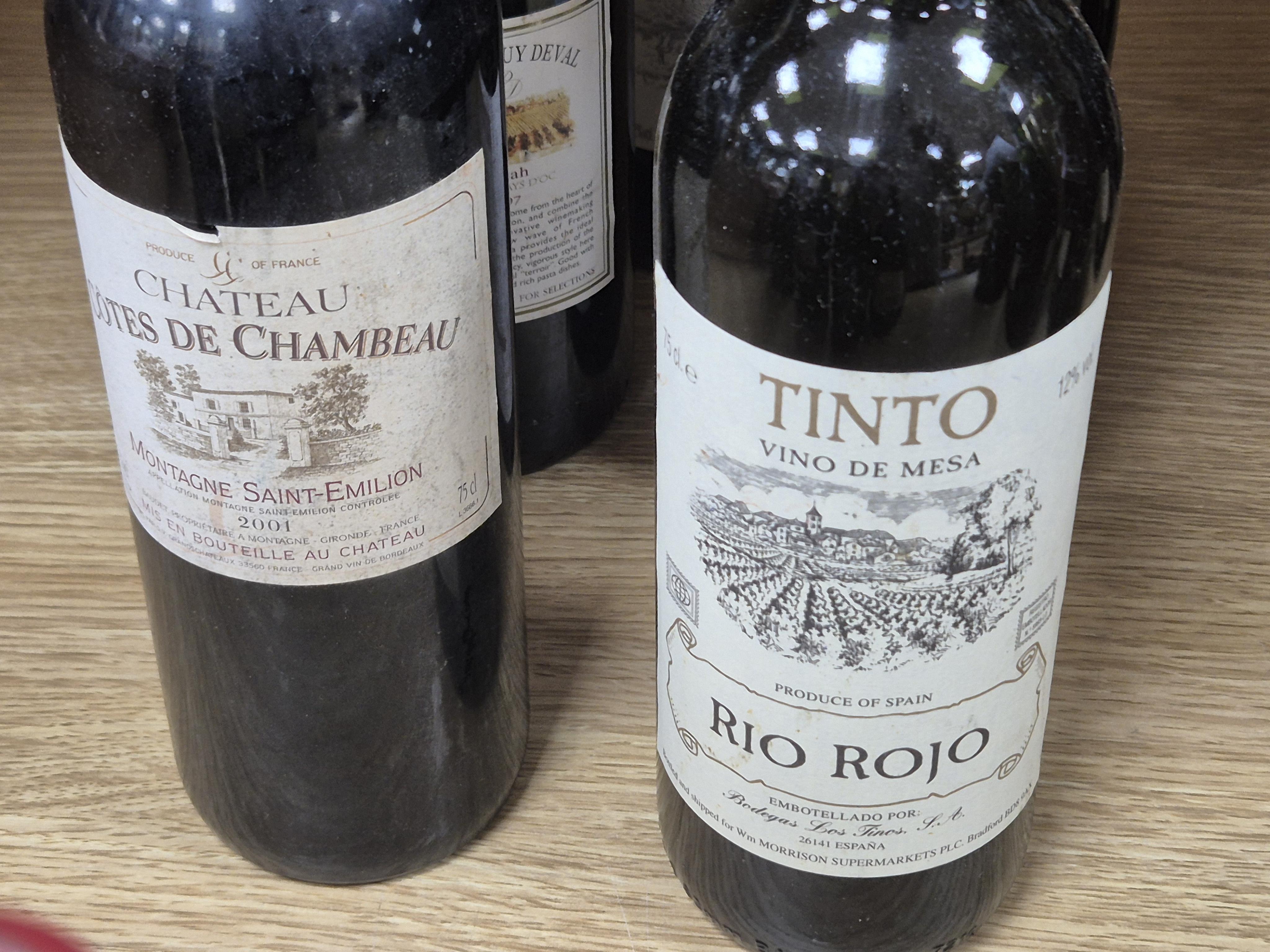 Chateau Cotes de Chambeau, 2001, two bottles, and seven other bottles of red wine